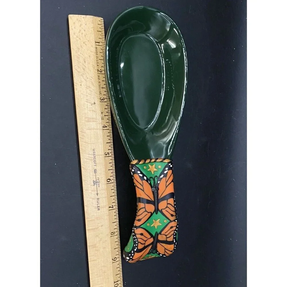 3D Butterfly & Stars Spoon Rest Ceramic & Silicone Handle 9” Green & Orange